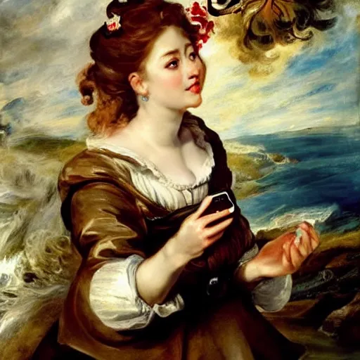 Image similar to heavenly summer sharp land sphere scallop well dressed lady taking a selfie with her cellphone auslese, by peter paul rubens and eugene delacroix and karol bak, hyperrealism, digital illustration, fauvist, cellphone