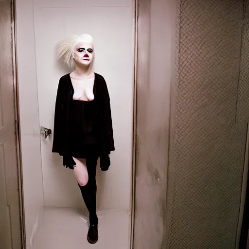 Image similar to a 2 0 y. o. girl with white hair and makeup in a bathroom, an album cover by nan goldin, tumblr, international gothic, goth, antichrist, gothic