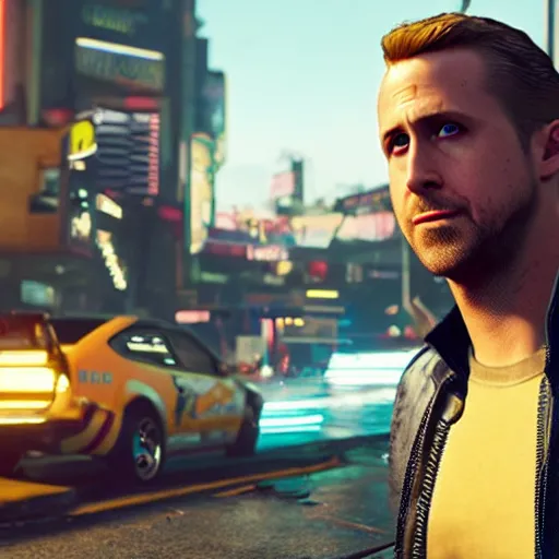 Prompt: ryan gosling in the game cyberpunk 2 0 7 7 as a getaway driver