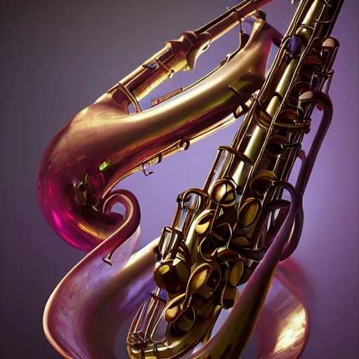 Image similar to hyperrealistic mixed media image of a saxophone cephalopod, stunning 3 d render inspired art by greg rutkowski and xiang duan and thomas eakes, perfect symmetry, realistic, highly detailed attributes and atmosphere, dim volumetric cinematic lighting, 8 k octane extremely hyper - detailed render, post - processing, masterpiece,