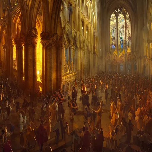 Prompt: a small group of people dancing ecstatic in a cathedral, D&D, fantasy, intricate, cinematic lighting, highly detailed, digital painting, artstation, concept art, smooth, sharp focus, illustration, art by Greg Rutkowski