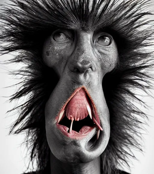 Prompt: Award winning Pathécolor full-body Editorial up-angled photograph of Early-medieval Scandinavian Folk ostrich Baring its teeth with incredible hair and fierce hyper-detailed eyes and a ridiculously large forked tongue poking out by Lee Jeffries and David Bailey, 85mm ND 4, perfect lighting, a heart-shaped birthmark on the forehead, dramatic highlights, wearing traditional garb, With huge sharp jagged Tusks and sharp horns, keylighting