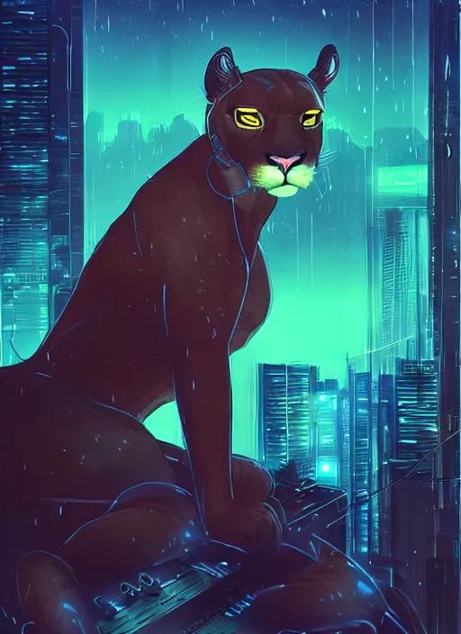 Prompt: beautiful portrait commission of a female furry anthro mountain lion fursona wearing a police uniform. Cyberpunk city at night in the rain. Neon light. Atmospheric. Character design by charlie bowater, ross tran, artgerm, and makoto shinkai, detailed, inked, western comic book art