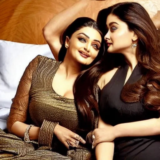 Image similar to a photo of aishwarya rai and kareena kapoor together in bed, hyper realistic, hyper detailed