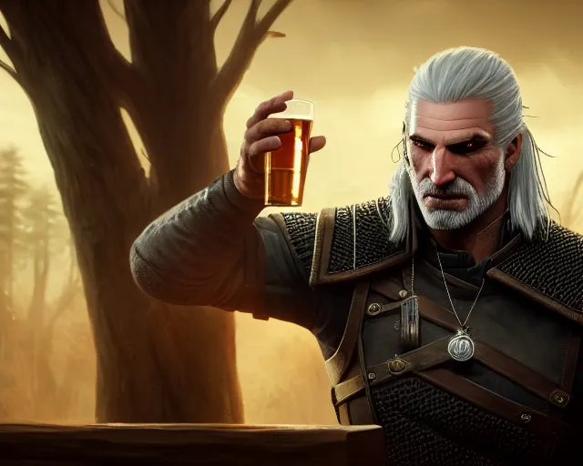 Image similar to 5 5 mm portrait photo of geralt drinking a beer. magical atmosphere. art by greg rutkowski. highly detailed 8 k. intricate. lifelike. soft light. nikon d 8 5 0.