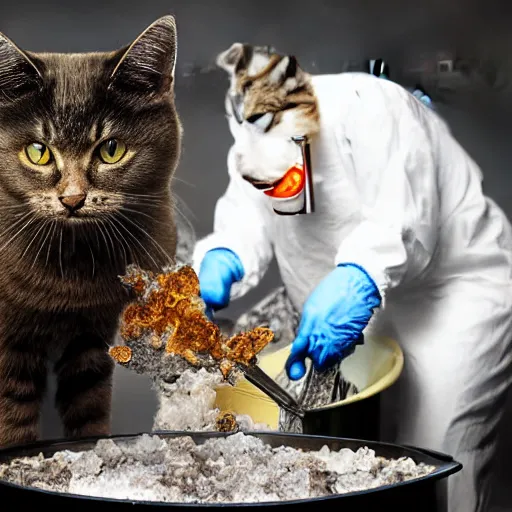 Image similar to cat cooking meth, photograph, very detailed