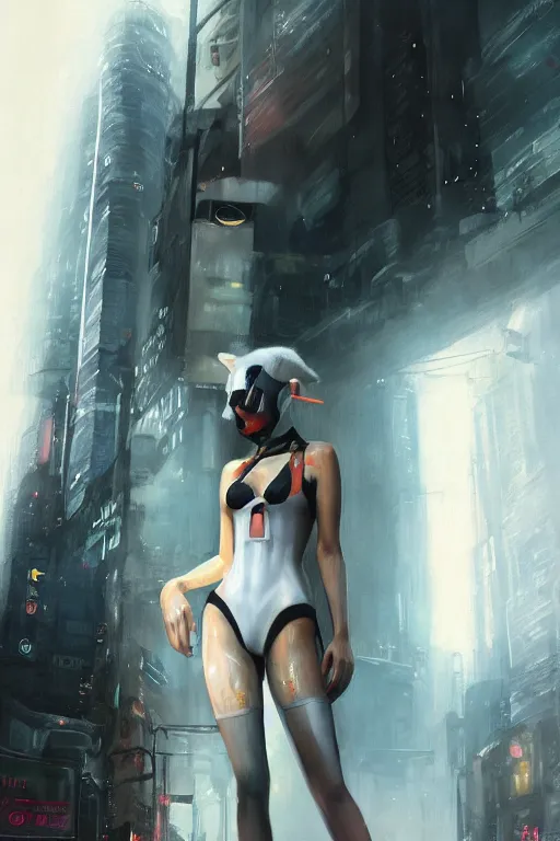 Image similar to beautiful portrait of a tall white female anthro fox smoking a cigarette towering head and shoulders above the bustling crowd of a rainy city street around her, sci fi bodysuit, cyberpunk, harsh neon lights, highly detailed, sharp focus, digital painting, illustration, trending on artstation, art by sakimichan, wlop, greg rutkowski