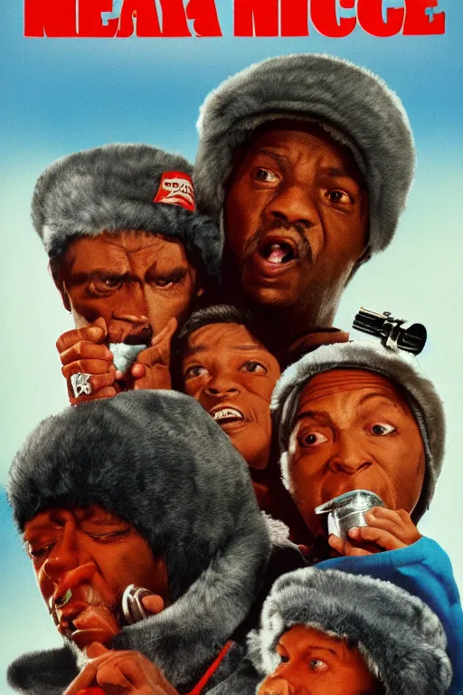 Image similar to poster the movie 1 9 8 8 ussr don't be a menace to south central while drinking your juice in the hood, perfect symmetrical eye, gray fur hat soviet soviet russian winter fur cap with earflaps ushanka, bottle of vodka, bears, kremlin babushka communist criminal