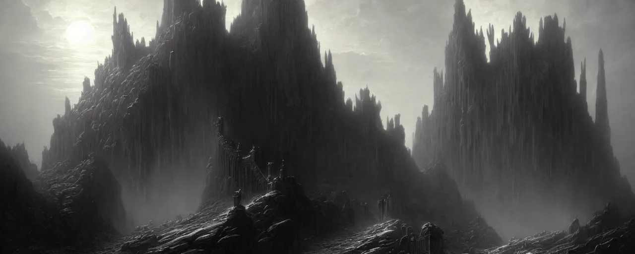 Prompt: a digital concept art by gustave dore and greg rutkowski, trending on artstation. dante's divine comedy, dark fantasy cave palace of bad omens, a iron throne, white stone steps seeping magma. fier in fog. light effect. 3 d, octane render, unreal engine. mist.