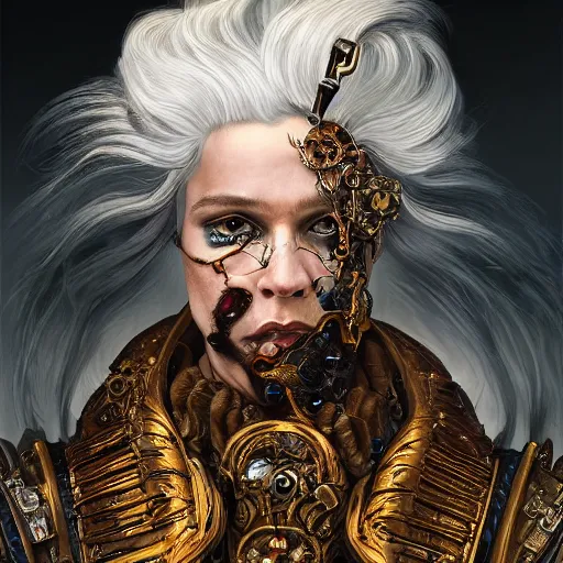 Image similar to portrait, headshot, insanely nice professional hair style, dramatic hair color, digital painting, of a old 17th century, old cyborg merchant, amber jewels, baroque, ornate clothing, scifi, realistic, hyperdetailed, chiaroscuro, concept art, art by Franz Hals and Jon Foster and Ayami Kojima and Amano and Karol Bak,