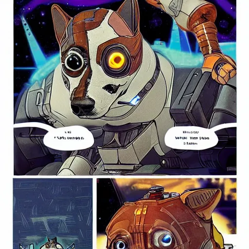 Image similar to cyborg corgi with one robotic eye that looks like it is from Borderlands and by Feng Zhu and Loish and Laurie Greasley, Victo Ngai, Andreas Rocha, John Harris