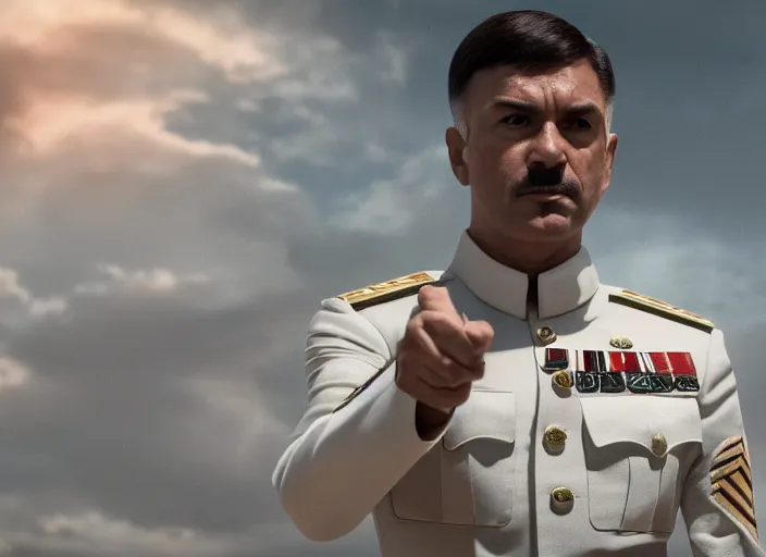 Prompt: proud general wearing a white tunic uniform, no medals, no epaulettes, his arms are behind his back, ultra realistic, 4 k, movie still, uhd, sharp, detailed, cinematic, render, modern
