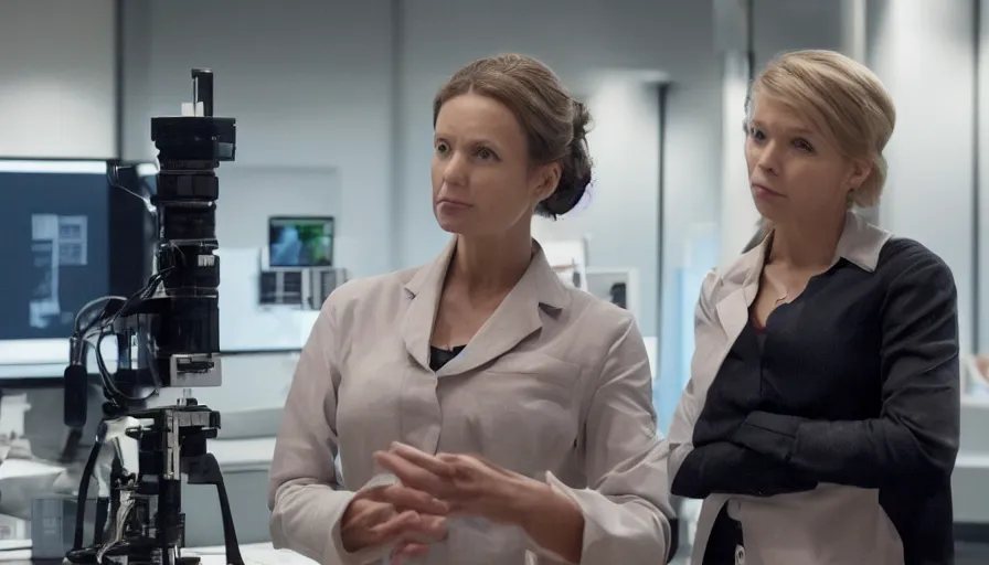 Image similar to big budget action movie about female scientist confronts male ceo about robot photographs