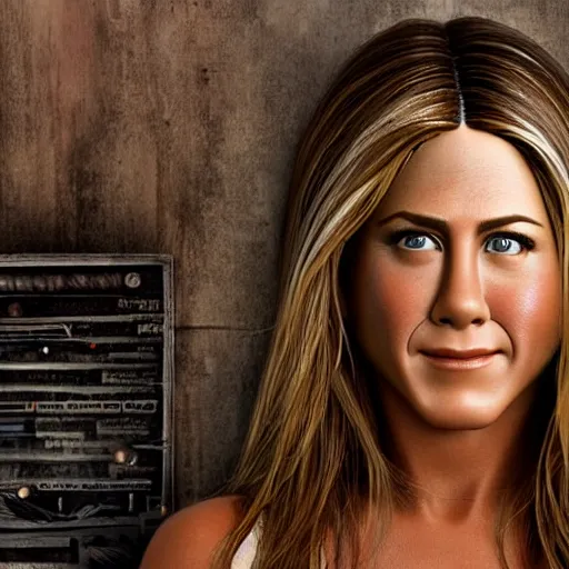 Image similar to animatronic Jennifer Aniston, exposed wires, photo, Stan Winston studios, detailed, 4k
