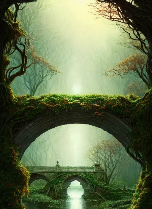 Prompt: book cover!!!!!!!!!!!!, old bridge, ivy leaves graphic vectors at each border, fantasy forest landscape, fantasy magic, light night, intricate, elegant, sharp focus, illustration, highly detailed, digital painting, concept art, matte, art by wlop and artgerm and greg rutkowski, masterpiece