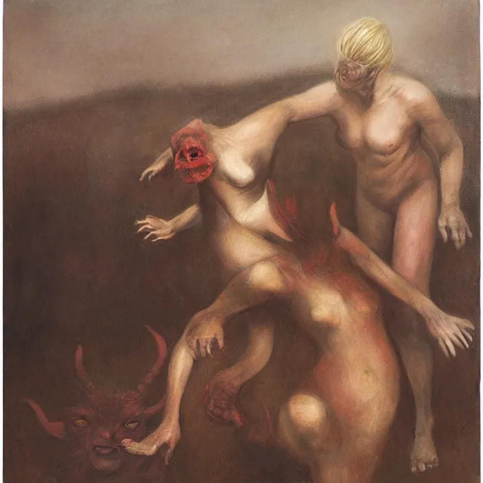 Prompt: a red-horned goblin monster next to a woman, by Odd Nerdrum