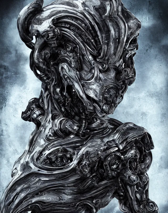 Image similar to engineer prometheus face by Artgerm, xenomorph alien, highly detailed, symmetrical long head, smooth marble surfaces, detailed ink illustration, raiden metal gear, cinematic smooth stone, deep aesthetic, concept art, post process, 4k, carved marble texture and silk cloth, latex skin, highly ornate intricate details, prometheus, evil, moody lighting, hr geiger, hayao miyazaki, indsutrial Steampunk