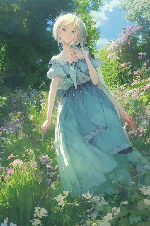 Prompt: a depressed digital art, loli in dress, garden, green and warm theme, blue accents, back lighting, highly detailed, 4 k resolution, trending on art station, by krenz cushart and mucha and akihito yoshida and greg rutkowski