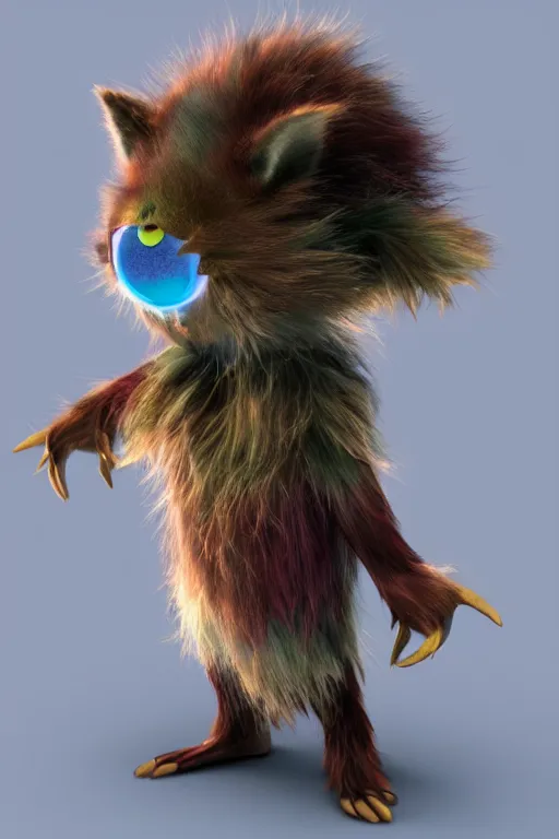 Image similar to 3 d model of adorable evil scary fur monster with glowing eyes by alexander jansson : 1 | centered, rainbow colored fur, matte background : 0. 9 | by jim henson : 0. 7 | dave melvin : 0. 4 | unreal engine, deviantart, artstation, octane, finalrender, concept art, hd, 8 k resolution : 0. 8