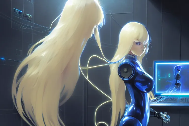 Image similar to datacenter room connects cables young robot server android baroque oil painting finely detailed perfect face flowing long fiberoptics blonde hair robot eyes blue. anime shinkai takeuchi key visual of character concept art metal female robot body suit pixiv fanbox, painted by greg rutkowski