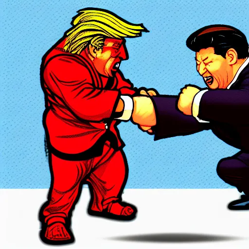 Image similar to xi jinping vs donald trump, street fighters, street fighter, fight, fistfight, digital art, cartoon