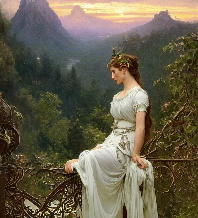 Image similar to intricate oil painting of a young elf alicia vikander with pointed elf ears wearing ornate white and light green dress with silver belt, looking out at sunrise over rivendell from her art nouveau balcony, elegant, digital painting, sharp focus, illustration, ultra realistic, 8 k, by bouguereau, alphonse mucha, artgerm, and donato giancola