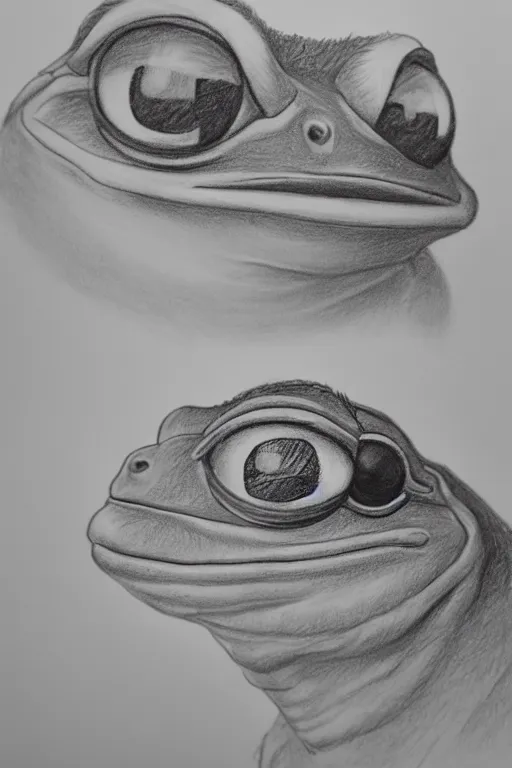 Prompt: portrait drawing of pepe the frog, ultra detailed highly realistic, trending on artstation, rule of thirds, extreme high detail, soft lighting, rim light, volumetric lighting and effects,