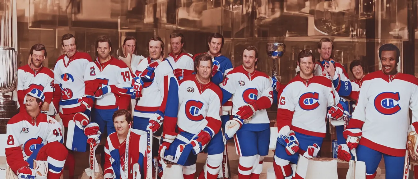 Image similar to vogue photoshoot octane render of 1 9 7 0 s habs players with white background and stanley cup, focus bright colorful pastel exotic vintage boutique hotel lounge, very short depth of field, bokeh