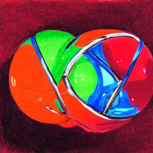 Prompt: chrome spheres on a red cube, drawn with gel pen