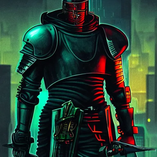 Prompt: a cyberpunk knight in heavy armor holding a large sword in a cyberpunk setting, comic book art, cyberpunk, art by stan lee,, colorful, bright high tech lights, dark, moody, dramatic, 8 0 s vibe, neon lines marvel comics, dc comics