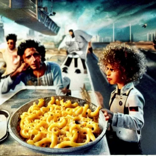 Prompt: refugees from a dystopian future escape over a never ending barricade of mac n' cheese. Drones shoot at them from the sky. Photograph from big budget science fiction 1980s movie.