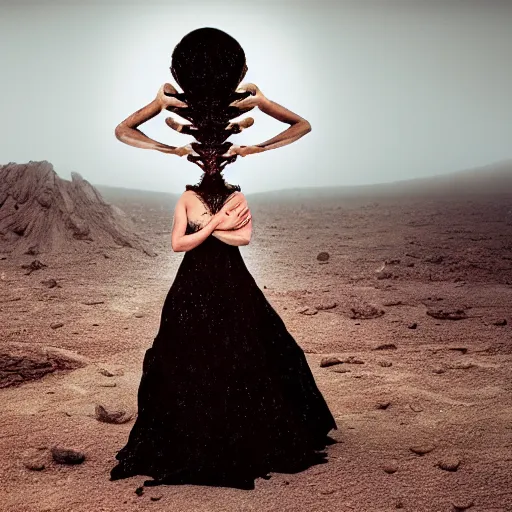 Image similar to levitating woman with huge fractal dress in the style of giger with white flowers and full - face golden mask inside a thick black smoke in rocky desert landscape, glowing eyes everywhere, dey earth by gaspar noe and christopher doyle, anamorphic lens, anamorphic lens flares, kodakchrome, cinematic composition, practical effects, award winning photo, 8 k