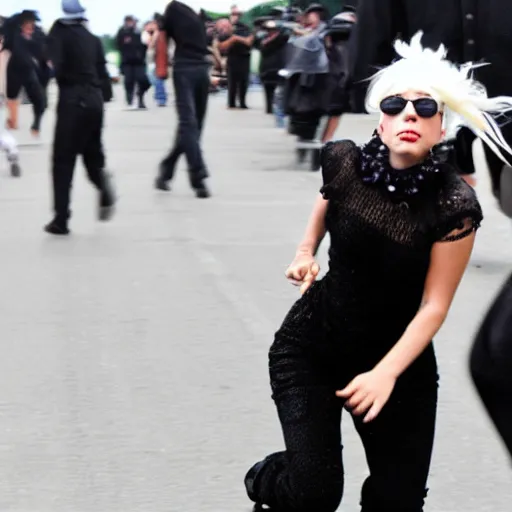 Image similar to lady gaga running away from amish mob