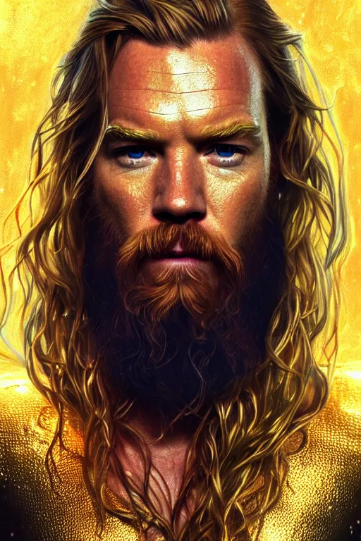 Image similar to portrait of ewan mcgregor as aquaman, beard, underwater, long hair, serious, intricate, elegant, gold, glowing lights, highly detailed, digital painting, artstation, concept art, smooth, sharp focus, illustration, art by wlop, mucha, artgerm, and greg rutkowski