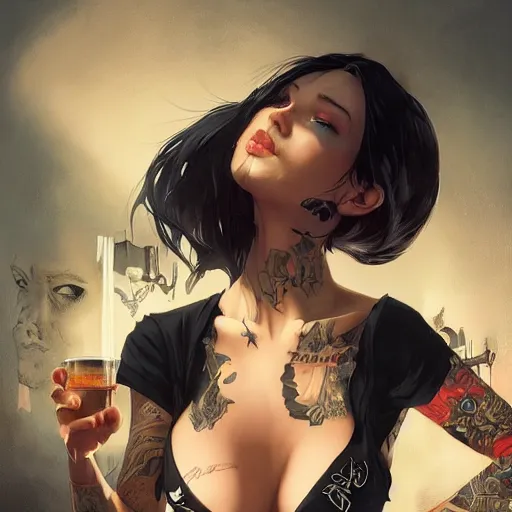 Image similar to enchanting bar maid, tattoos, black t - shirt, black skirt, detailed portrait, intricate complexity, by greg rutkowski, artgerm, ross tran, conrad roset, takato yomamoto, ilya kuvshinov. 4 k, beautiful, cinematic dramatic atmosphere