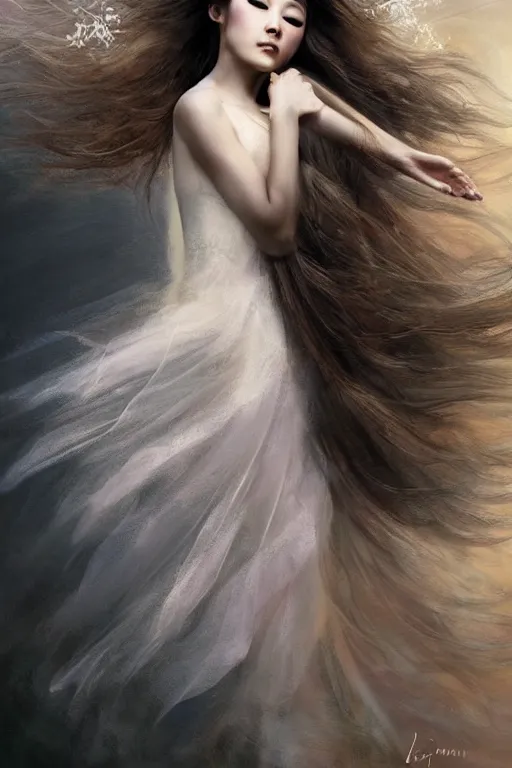 Prompt: prima ballerina dancing in the wind, asian beautiful face, ethereal, bride, beautiful wedding dress, gorgeous, volumetric lighting, elegant, fluid, highly detailed, digital painting, concept art, highly detailed, illustration, limited color palette, atmosphere and tension, art by greg olsen and liz lemon swindle