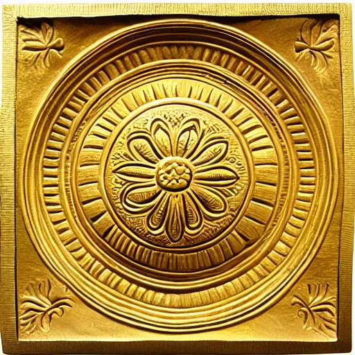 Prompt: ornate engraved carving of a round flower on a square gold panel