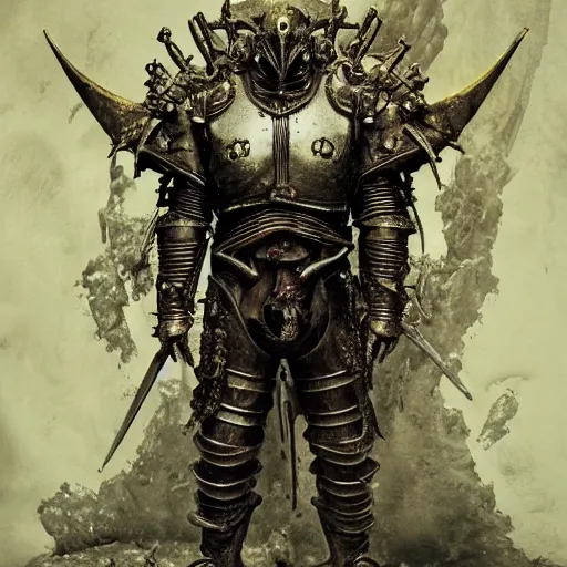 Image similar to “ a full - body portrait of victorian evil knight by emil melmoth, zdzislaw beksinski, craig mullins, yoji shinkawa, cross, artstation, pete morbacher, hyper detailed, cthulhu samurai armor, golden decoratived jaw armor, very detailed, artstation, rendering by octane, unreal engine, spaceship interior background. ”