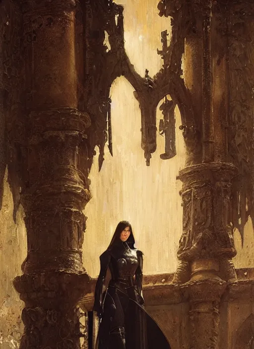 Image similar to beautiful young woman wearing black medieval armour, by gaston bussiere, bayard wu, greg rutkowski, giger, maxim verehin, greg rutkowski, masterpiece, sharp focus, cinematic lightning