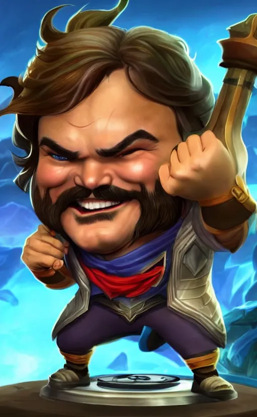 Image similar to Jack Black as a character in the game League of Legends, with a background based on the game League of Legends, detailed face, old 3d graphics