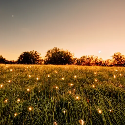 Prompt: thousands of fairy lights over a grassy field at golden hour