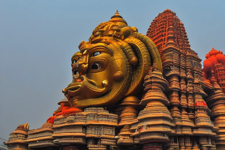 Image similar to high quality 3 d cyberpunk biomorphic hanuman head building in the middle of mumbai!!, kalighat highly detailed, cinematic smooth, stephen shore & john j. park, soft morning light, wide shot, high angle, uhd 8 k, deep focus