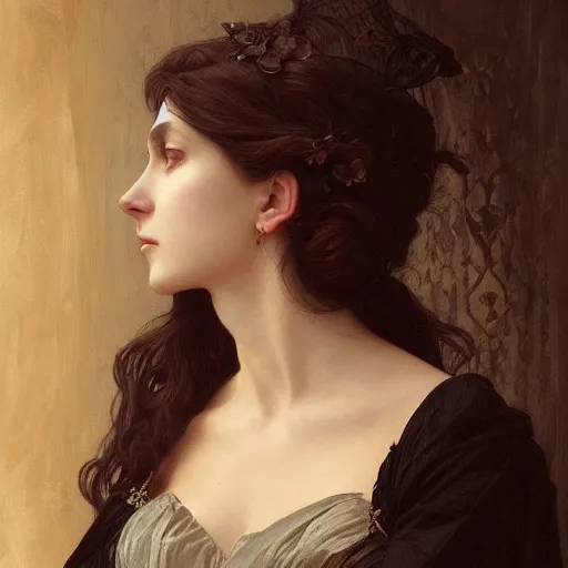 Image similar to portrait of victorian gothic lady, intricate, elegant, highly detailed, digital painting, artstation, concept art, smooth, sharp focus, illustration, art by artgerm and greg rutkowski and alphonse mucha and william - adolphe bouguereau