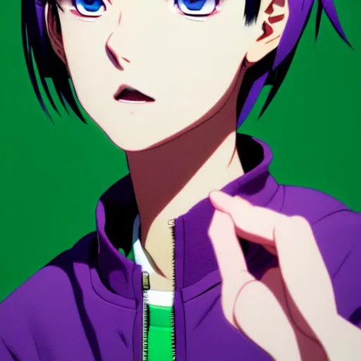 Image similar to anime poster film still portrait, young woman, black woman, purple colored eyes, purple colored eyes, white french bob, green colored bomber jacket, detailed facial features, dynamic pose, cute face by ilya kuvshinov, yoh yoshinari, makoto shinkai, rimlight, cel shaded, 4 k