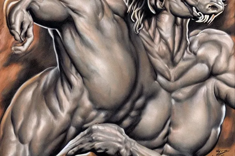 Image similar to beautiful lifelike painting of a centaur centaur centaur chimera tom cruise torso, hyperreal detailed facial features and uv lighting, art by ed roth and basil wolverton