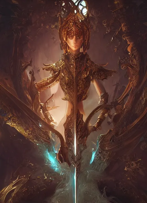 Image similar to legendary sword of technology, ornate gothic baroque spikes, glowing seams, detailed realistic, ray tracing, colored gems, art by wlop and greg rutkowski and artgerm