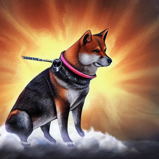 Prompt: a shiba inu dog thor ( god of thunder ), high quality digital art