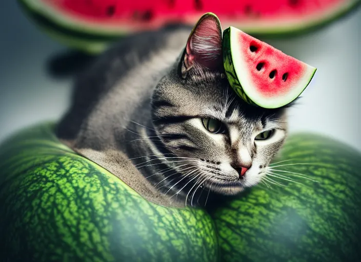 Prompt: photo of a cat wearing a helmet made of a watermelon. fantasy horror style. highly detailed 8 k. intricate. lifelike. soft light. nikon d 8 5 0 5 5 mm. dof. cinematic post - processing.