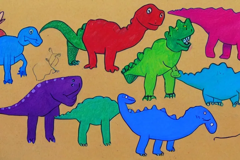 Prompt: A young child's crayon drawing of all the different kinds of dinosaurs holding hands