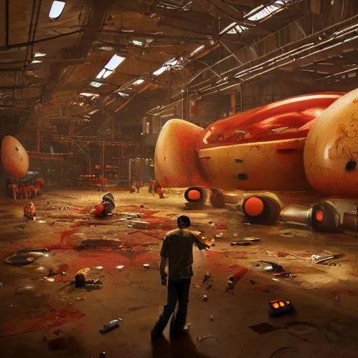 Image similar to a giant mickey mouse head, factory floor, surrounded by factory workers, octane render, cgstation, 3 d render, very detailed, mindblowing, blood and guts, gritty, cyberpunk, cinematic lighting, hyper realism